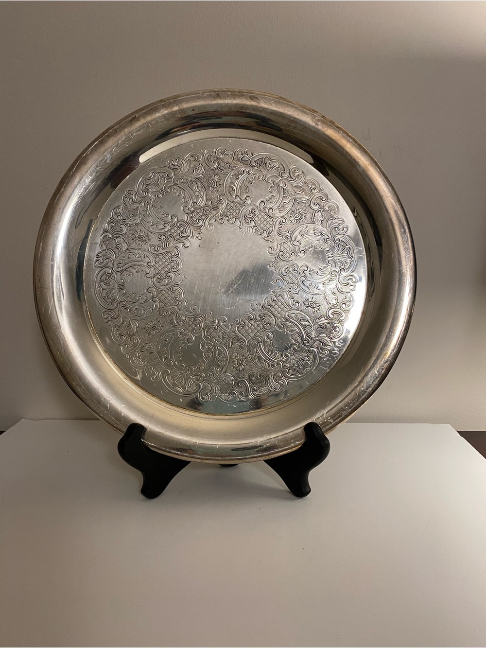 Silver Decorative Serving Tray - Ornate Embossed Design